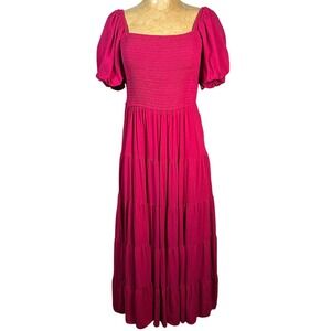 Zesica Magenta Pink Purple Smocked Tiered Midi Dress Puff Sleeve Medium Rayon